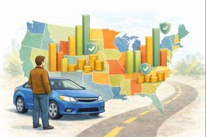 Illustration showing variations in auto insurance costs across different U.S. states