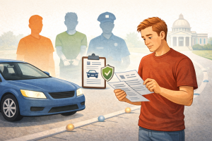 Illustration showing different drivers reviewing auto insurance requirements