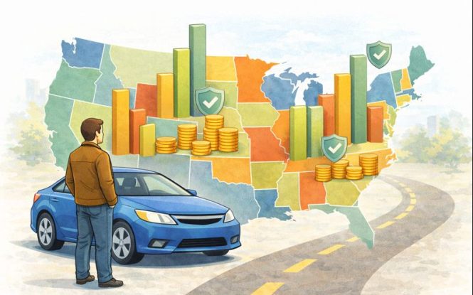 Illustration showing variations in auto insurance costs across different U.S. states